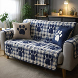 Navy Paw Plaid Quilted Sofa Cover NCU0TV1424